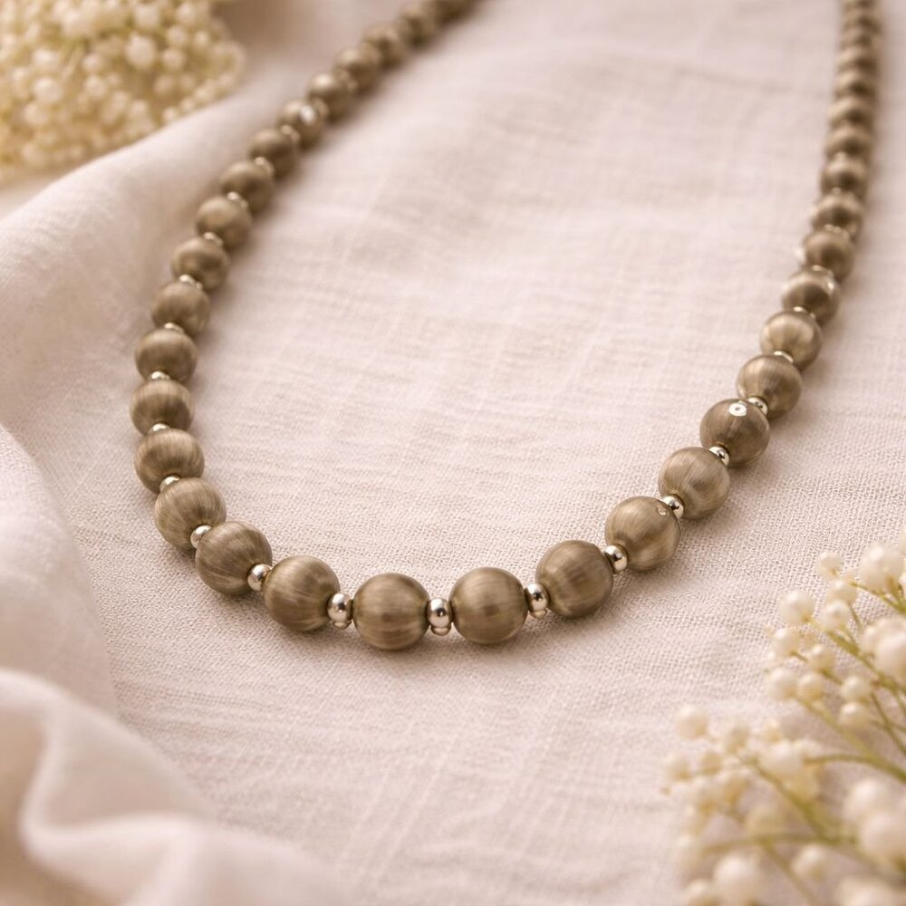 Vintage Olive Green Thread-Wrapped Bead Necklace With Silver-Tone Spacers 40-Inc